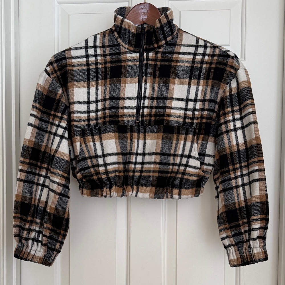 SHEIN Plaid Teddy Jacket Size XS Black, Brown, White Pockets Front Zipper